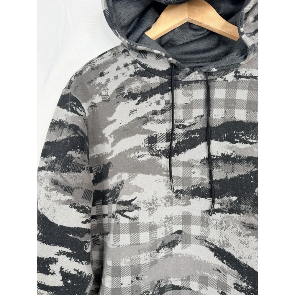 Adidas Mens Camo Plaid Hoodie Grey Black Fleece Pullover Medium